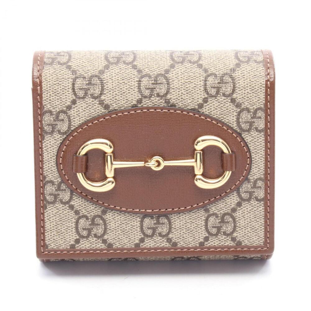 Gucci Horsebit GG Supreme Bi-fold Wallet, Leather, Women's, Beige/Brown, 621891